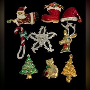 Vintage Christmas Brooch Lot Santa Reindeer Xmas Tree 6 Signed Butler FAC